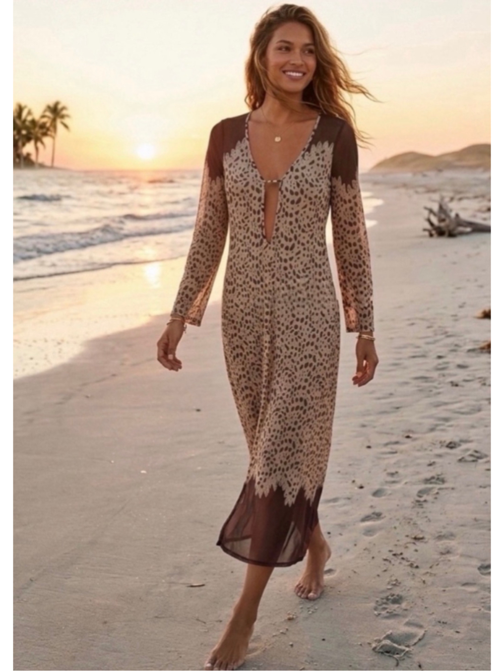 Caroline Constas Beige and Brown Leopard Print Swim Coverup